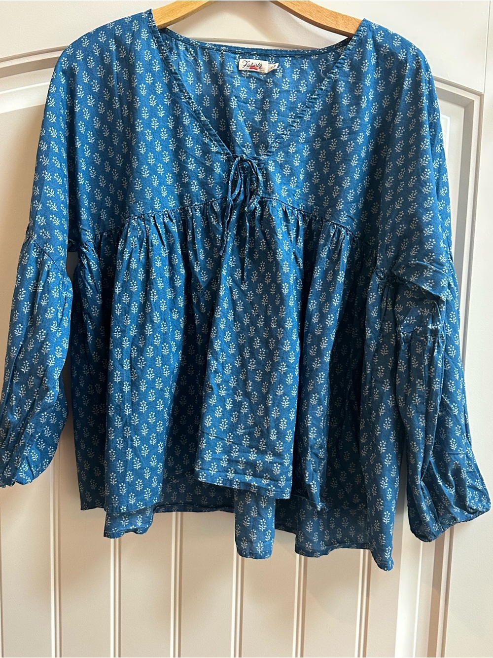 Faherty Blue Boho Peasant Blouse Cotton 3/4 Balloon Sleeve Floral Print Top XL
